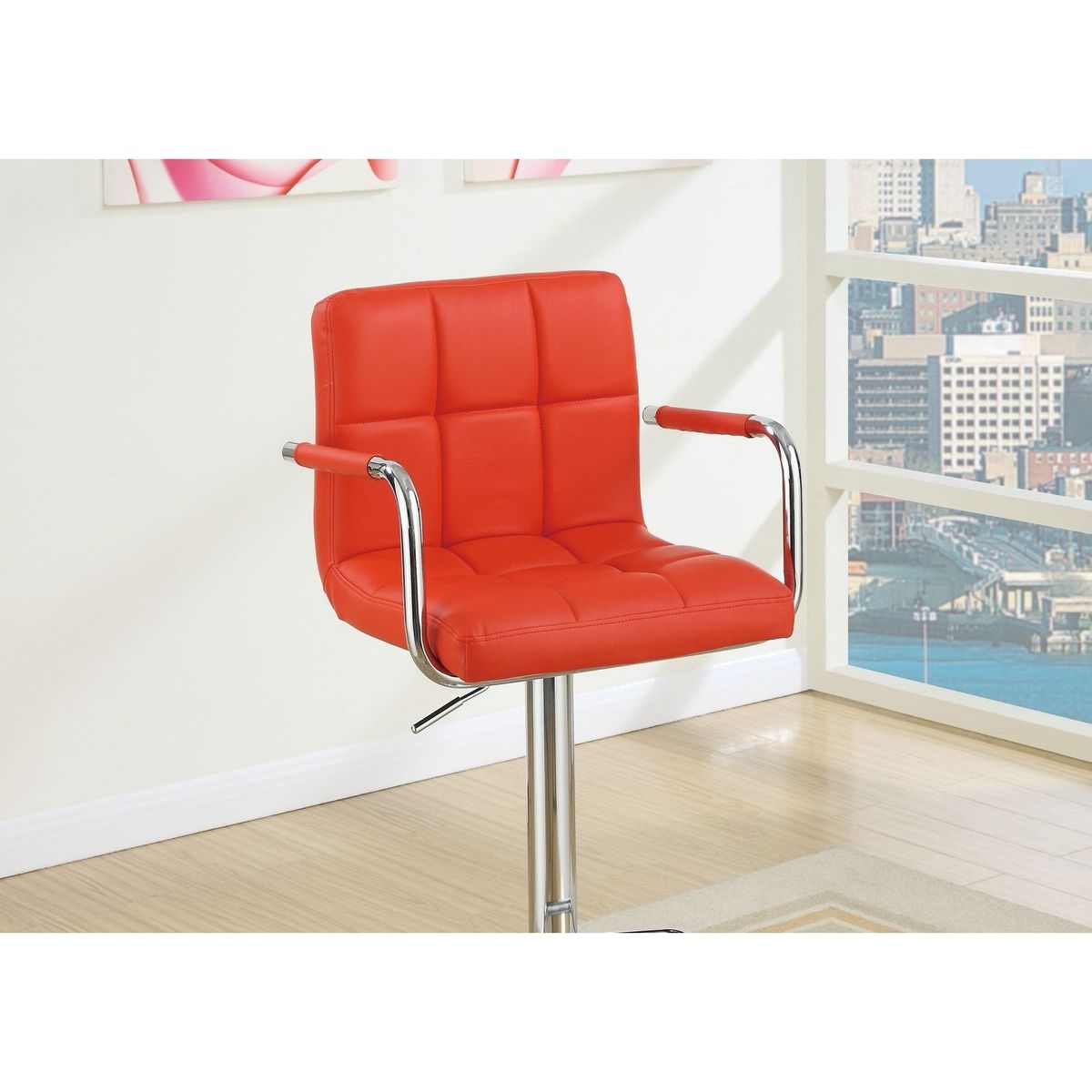 Contemporary Style Red Faux Leather Bar Stool Counter Height Chairs Set of 2 Adjustable Height Kitchen Island Stools