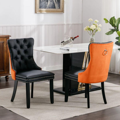 Nikki Collection Modern, High-end Tufted Solid Wood Contemporary PU and Velvet Upholstered Dining Chair with Wood Legs Nailhead Trim 2-Pcs Setlack+Orange