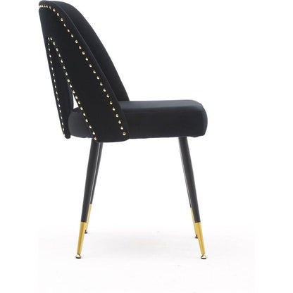 Akoya Collection Modern Contemporary Velvet Upholstered Dining Chair with Nailheads and Gold Tipped Black Metal Legs, Black, Set of 2