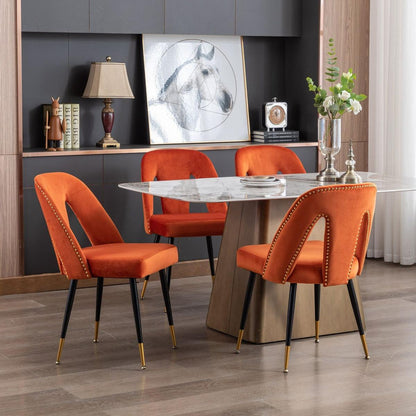 Akoya Collection Modern Contemporary Velvet Upholstered Dining Chair with Nailheads and Gold Tipped Black Metal Legs, Orangeet of 2