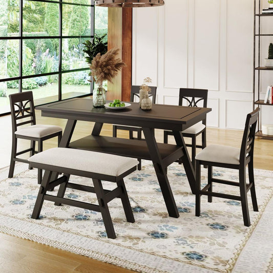6-Piece Wood Counter Height Dining Table Set with Storage Shelf, Kitchen Table Set with Bench and 4 Chairs, Rustic Style, Espresso+Beige Cushion