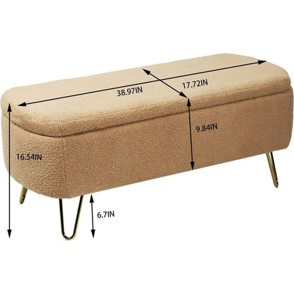 Camel Storage Ottoman Bench for End of Bed Gold Legs, Modern Camel Faux Fur Entryway Bench Upholstered Padded with Storage for Living Room Bedroom