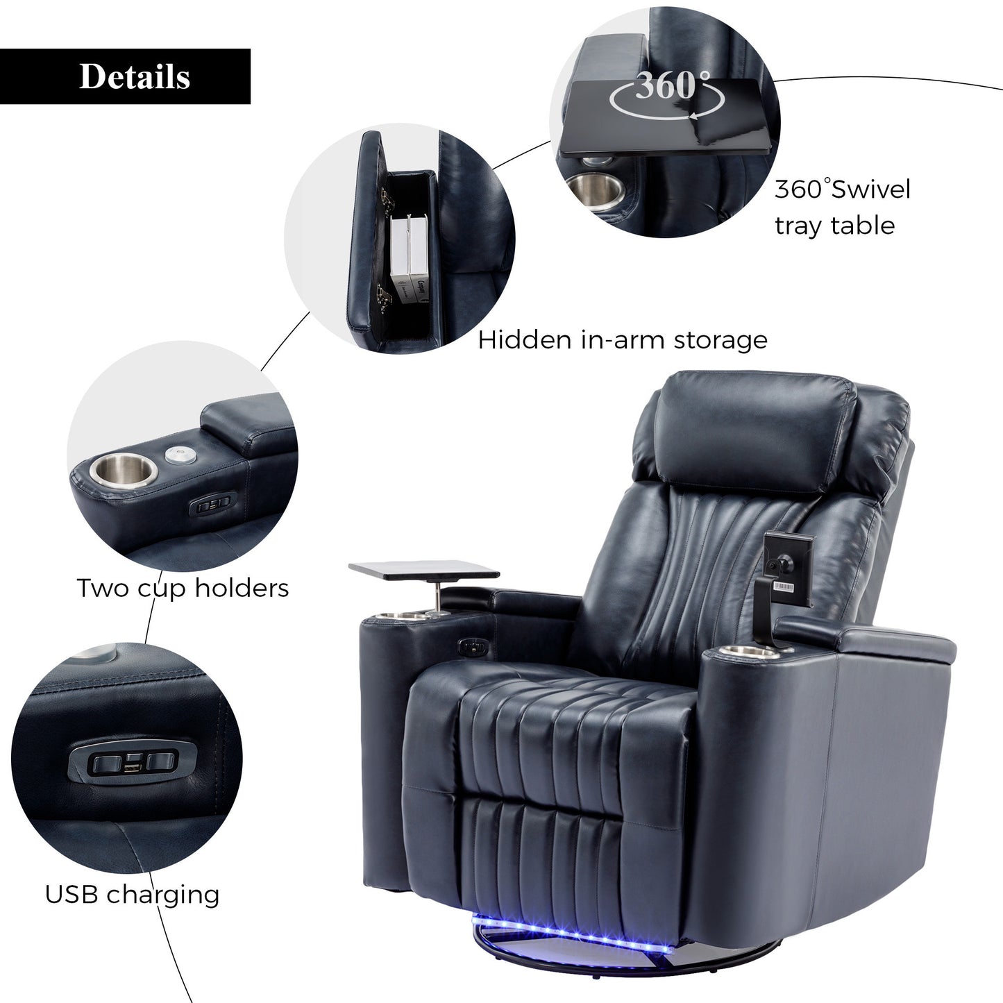 270 degree Power Swivel Recliner, Home Theater Seating With Hidden Arm Storage and LED Light Strip, Cup Holder, 360 degree Swivel Tray Table, and Cell Phone Holder, Soft Living Room Chair, Blue