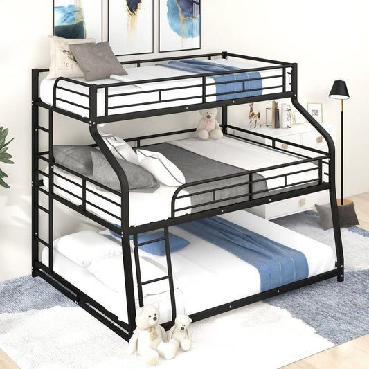 Twin XL/Full XL/Queen Triple Bunk Bed with Long and Short Ladder and Full-Length Guardrails, Black - Streamdale Furniture