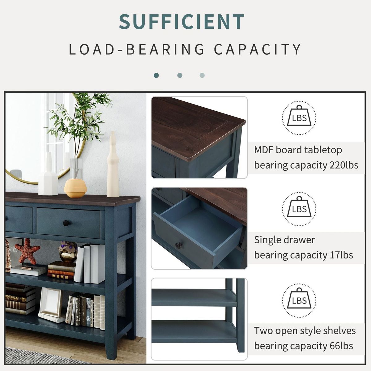 Retro Design Console Table with Two Open Shelves, Pine Solid Wood Frame and Legs for Living Room (Navy) - Streamdale Furniture
