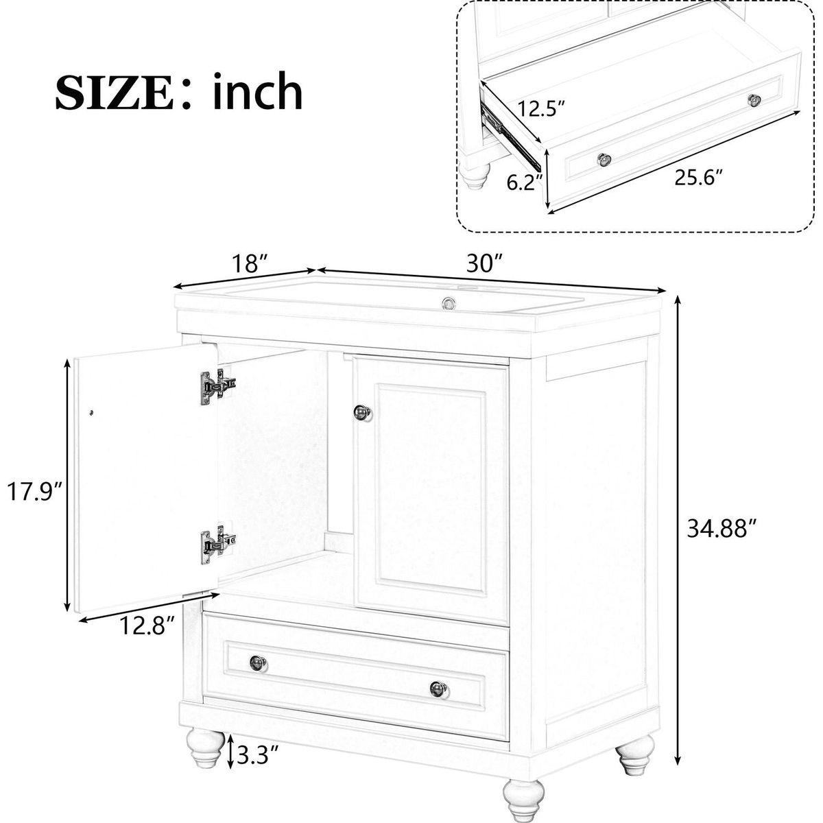 30" Bathroom Vanity with Sink, Combo, Cabinet with Doors and Drawer, Solid Frame and MDF Board, White