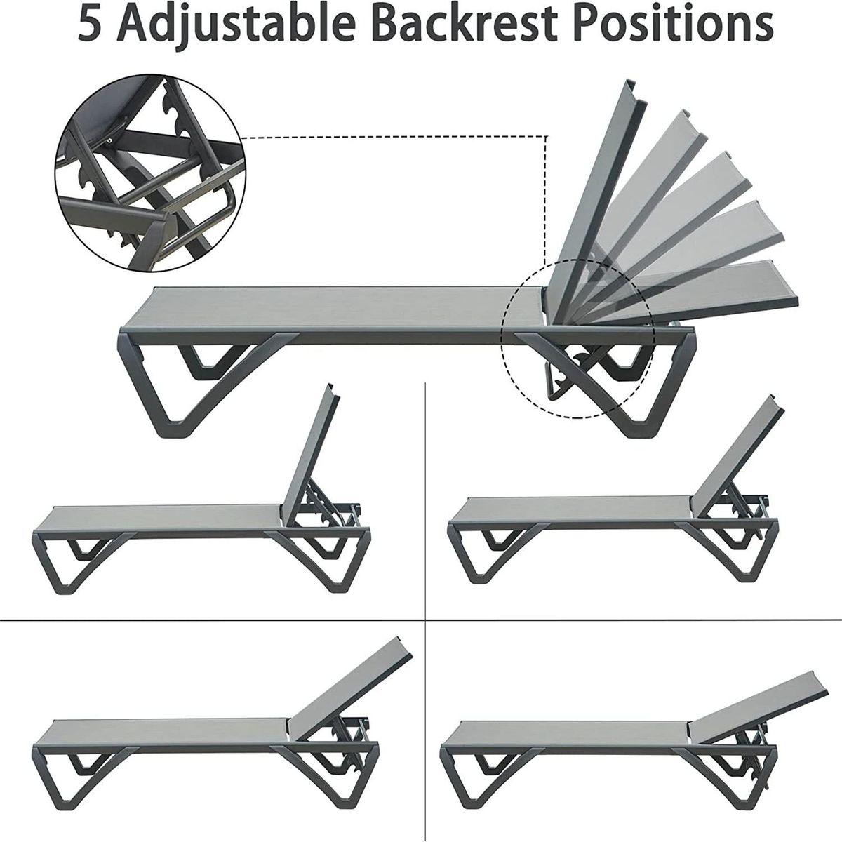 Patio Chaise Lounge Chair Set of 3, Outdoor Aluminum Polypropylene Sunbathing Chair with 5 Adjustable Position, Side Table for Beach, Yard, Balcony, Poolside (Grey, 2 Lounge Chair+1 Table)