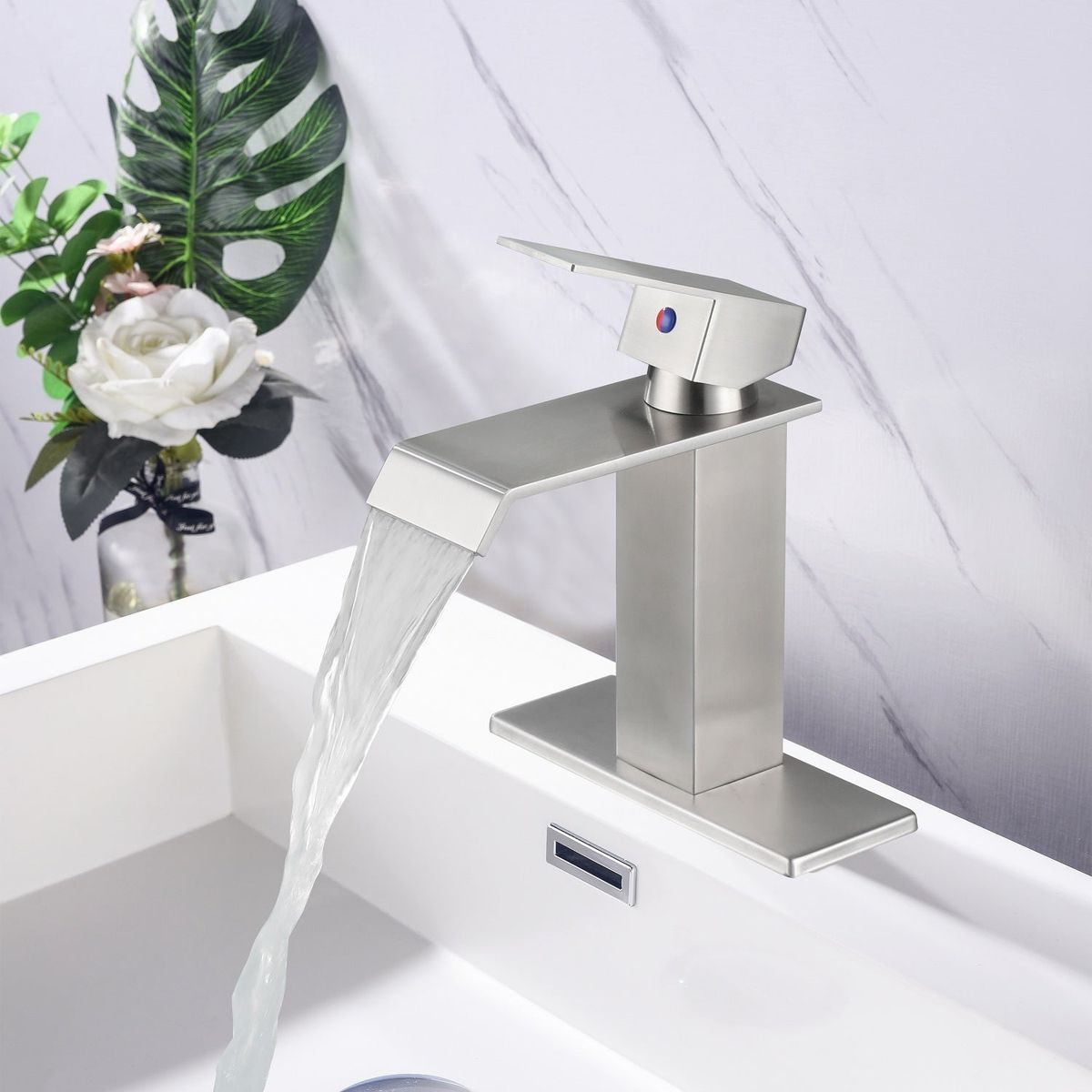 Waterfall Spout Bathroom Faucet, Single Handle Bathroom Vanity Sink Faucet