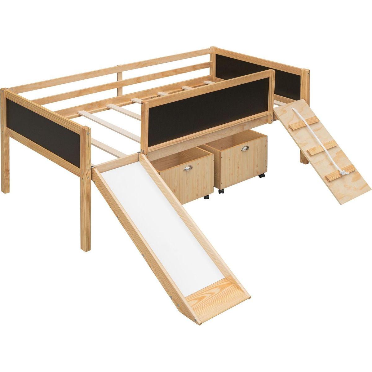 Twin size Loft Bed Wood Bed with Two Storage Boxes - Natrual ()