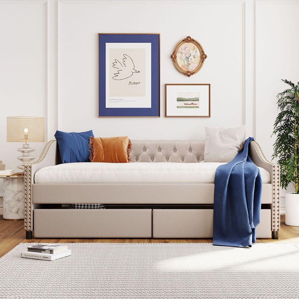Upholstered daybed with Two Drawers, Wood Slat Support, Beige, Full Size