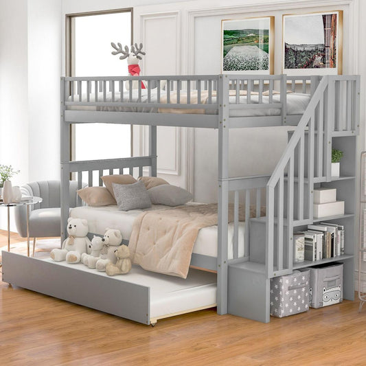 Twin over Twin Bunk Bed with Trundle and Storage, Gray - Streamdale Furniture