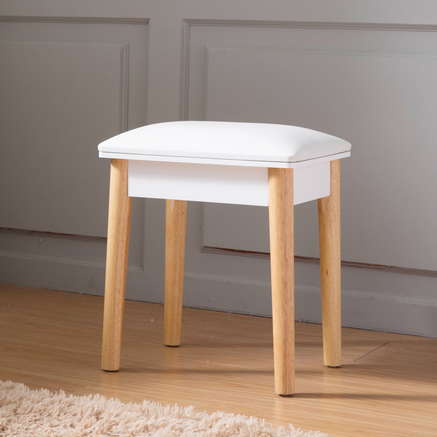 Wooden Vanity Stool Makeup Dressing Stool with PU Seat, White