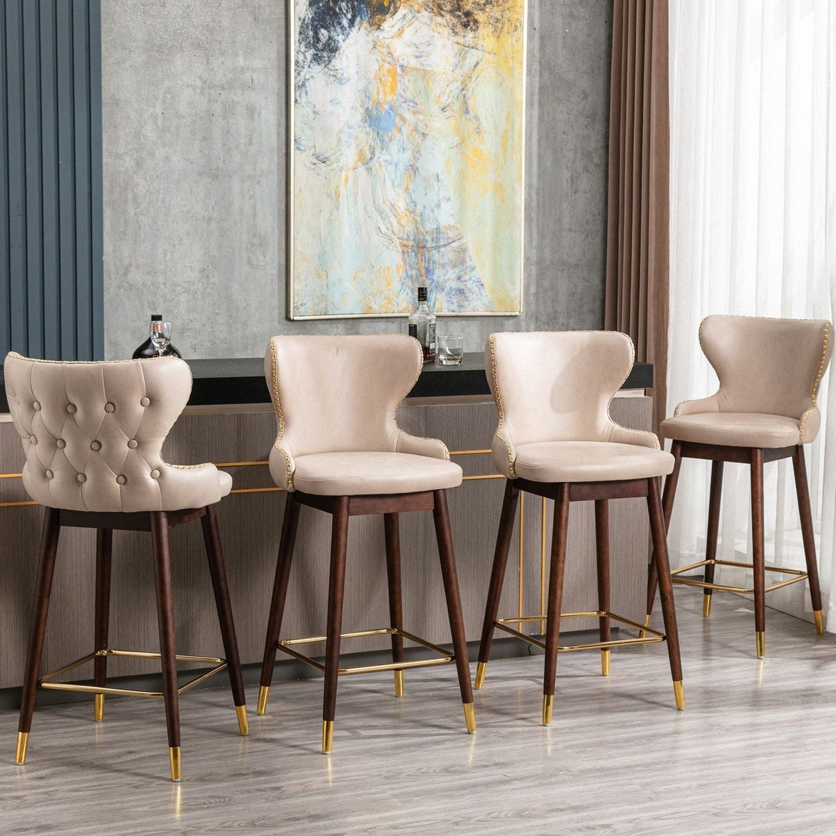 29.9" Modern Leathaire Fabric bar chairs, Tufted Gold Nailhead Trim Gold Decoration Bar stools, Set of 2 (Beige)