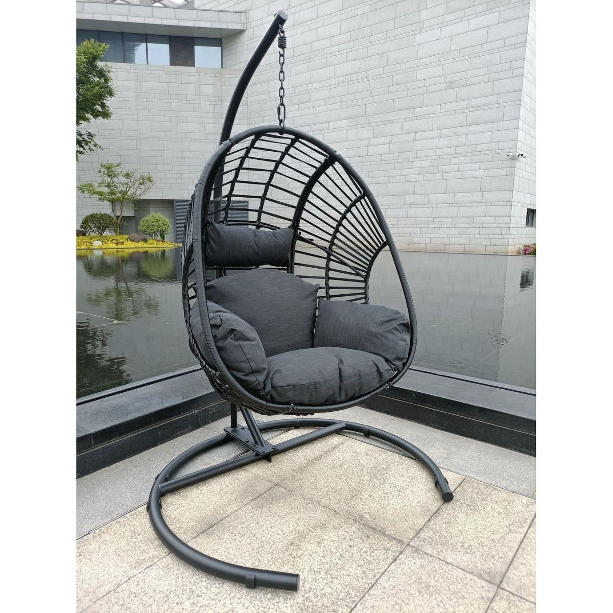 High Quality Outdoor Indoor Black color PE Wicker Swing Egg chair with Antracite Color Cushion And Black Color Base