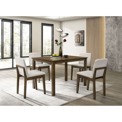 Dark Walnut Finish 5pc Dining Room Set Dining Table 4x Chairs Beige Fabric Chair Seat Kitchen Breakfast Dining room Furniture Rubberwood Veneer Unique Design