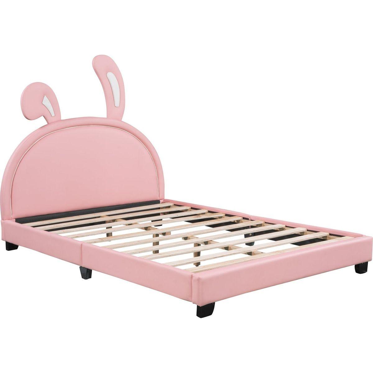 Full Size Upholstered Leather Platform Bed with Rabbit Ornament, Pink