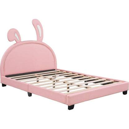 Full Size Upholstered Leather Platform Bed with Rabbit Ornament, Pink