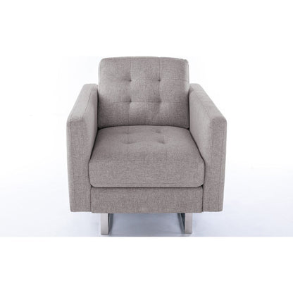 Victoria Beige Linen Fabric Armchair with Metal Legs, Side Pockets, and Pillow