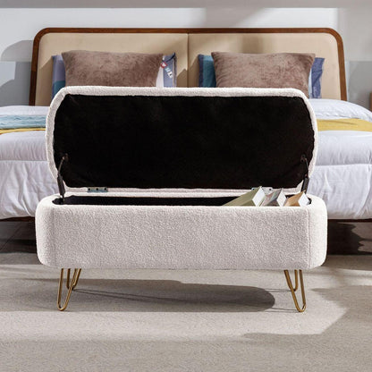 Ivory White Storage Ottoman Bench for End of Bed Gold Legs, Modern Ivory White Faux Fur Entryway Bench Upholstered Padded with Storage for Living Room Bedroom