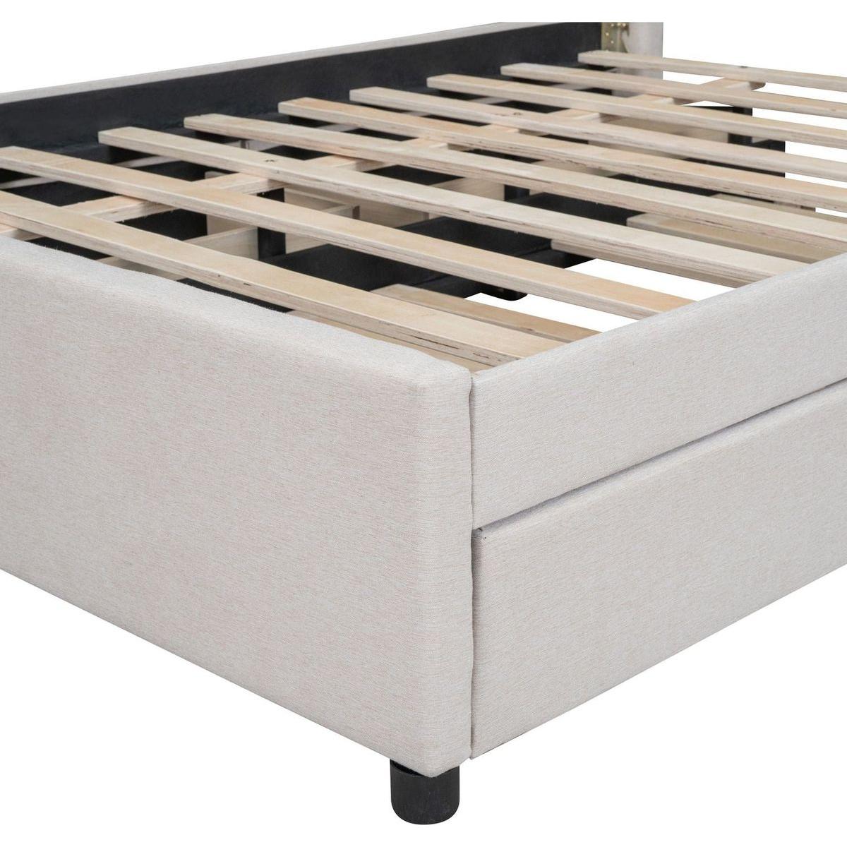 Full Size Upholstered Platform Bed with 2 Drawers and 1 Twin Size Trundle, Classic Headboard Design, Beige