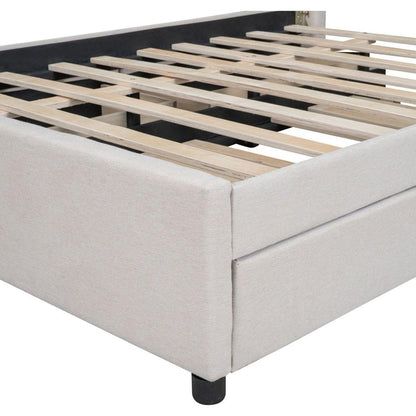 Full Size Upholstered Platform Bed with 2 Drawers and 1 Twin Size Trundle, Classic Headboard Design, Beige