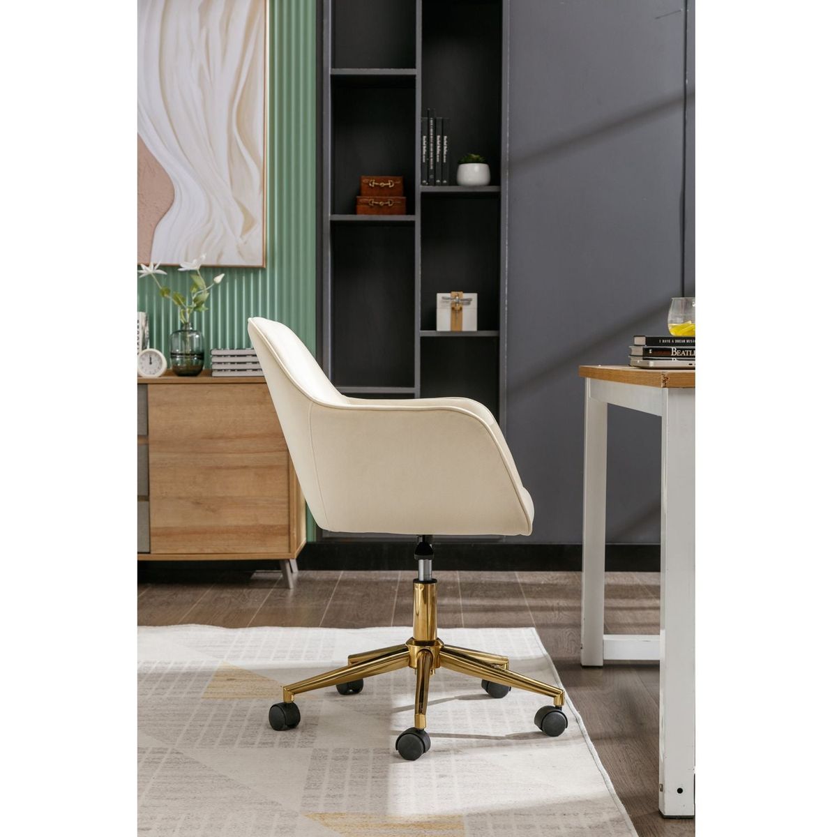 Modern Velvet Fabric Material Adjustable Height 360 revolving Home Office Chair with Gold Metal Legs and Universal Wheels for Indoor,Beige