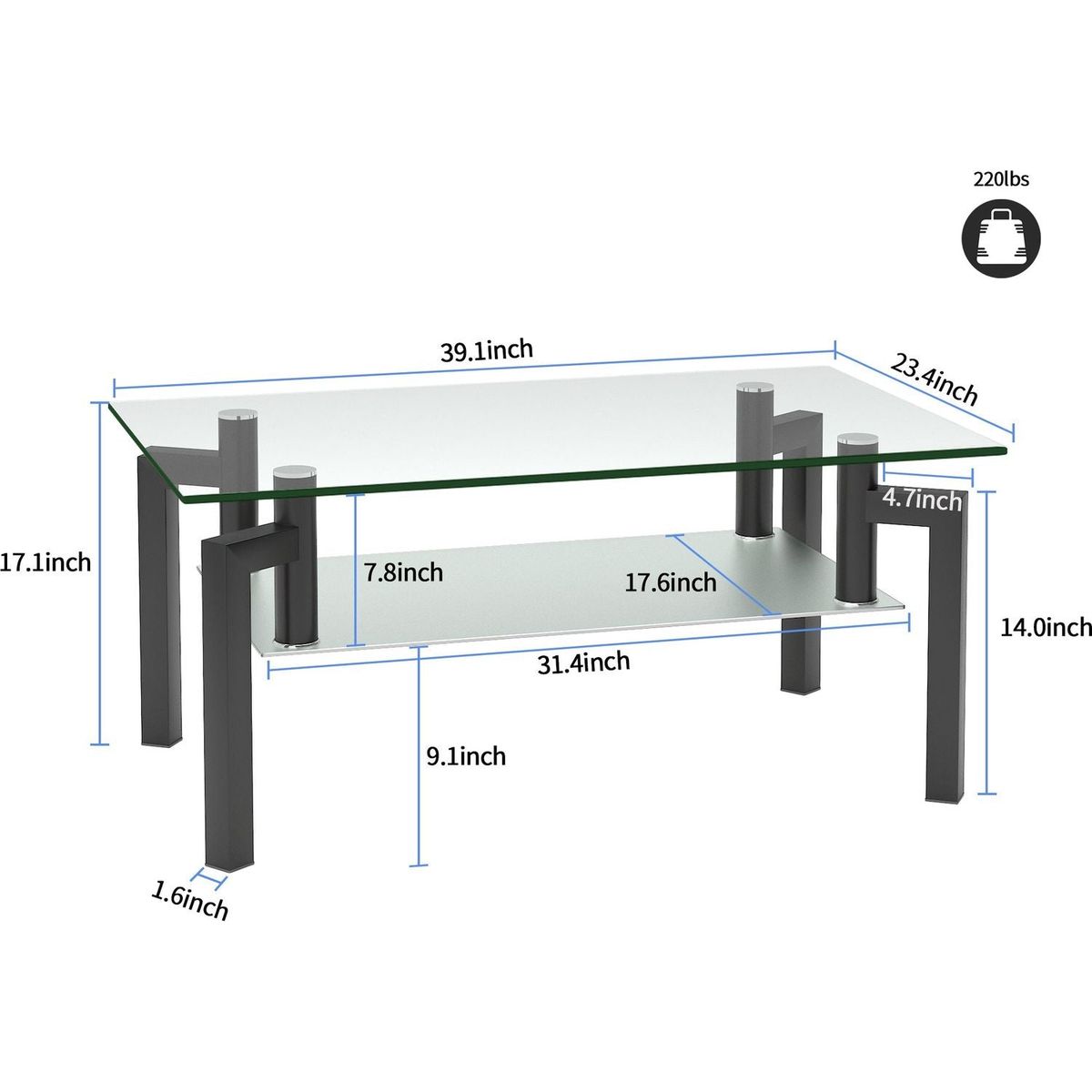 Rectangle Black Glass Coffee Table, Clear Coffee Table, Modern Side Center Tables for Living Room, Living Room Furniture