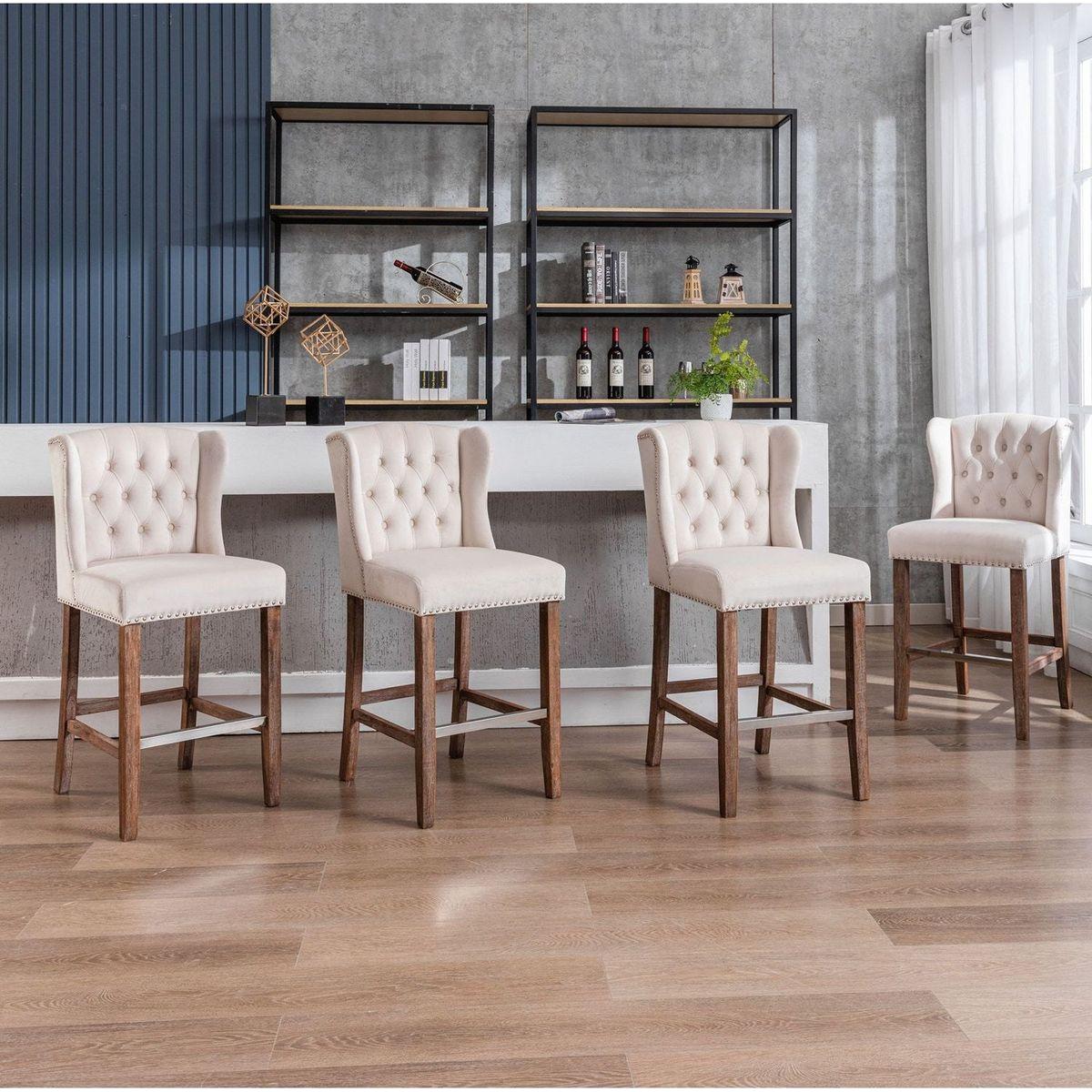 Counter Height Bar Stools, Upholstered 27" Seat Height Barstools, Wingback Breakfast Chairs with Nailhead-Trim & Tufted Back, Wood Legs, Set of 2(Beige)