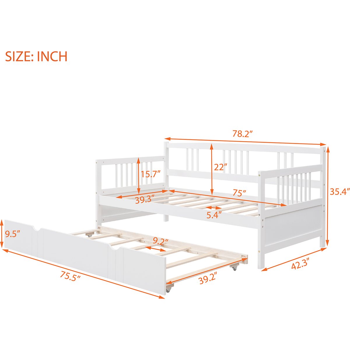 Twin Size Daybed Wood Bed with Twin Size Trundle, White