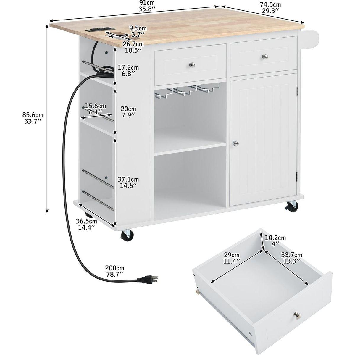 Kitchen Island with Power Outlet,Kitchen Storage Island with Drop Leaf and Rubber Wood,Open Storage and Wine Rack,5 Wheels,with Adjustable Storage for Home, Kitchen, and Dining Room,White