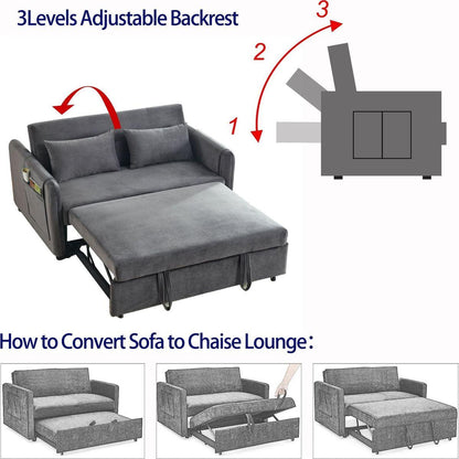 Convertible Sofa Bed, 3-in-1 Versatile Velvet Double Sofa with Pullout Bed, Seat with Adjustable Backrest, Lumbar Pillows, and Living Room Side Pockets, 54 Inch, Grey