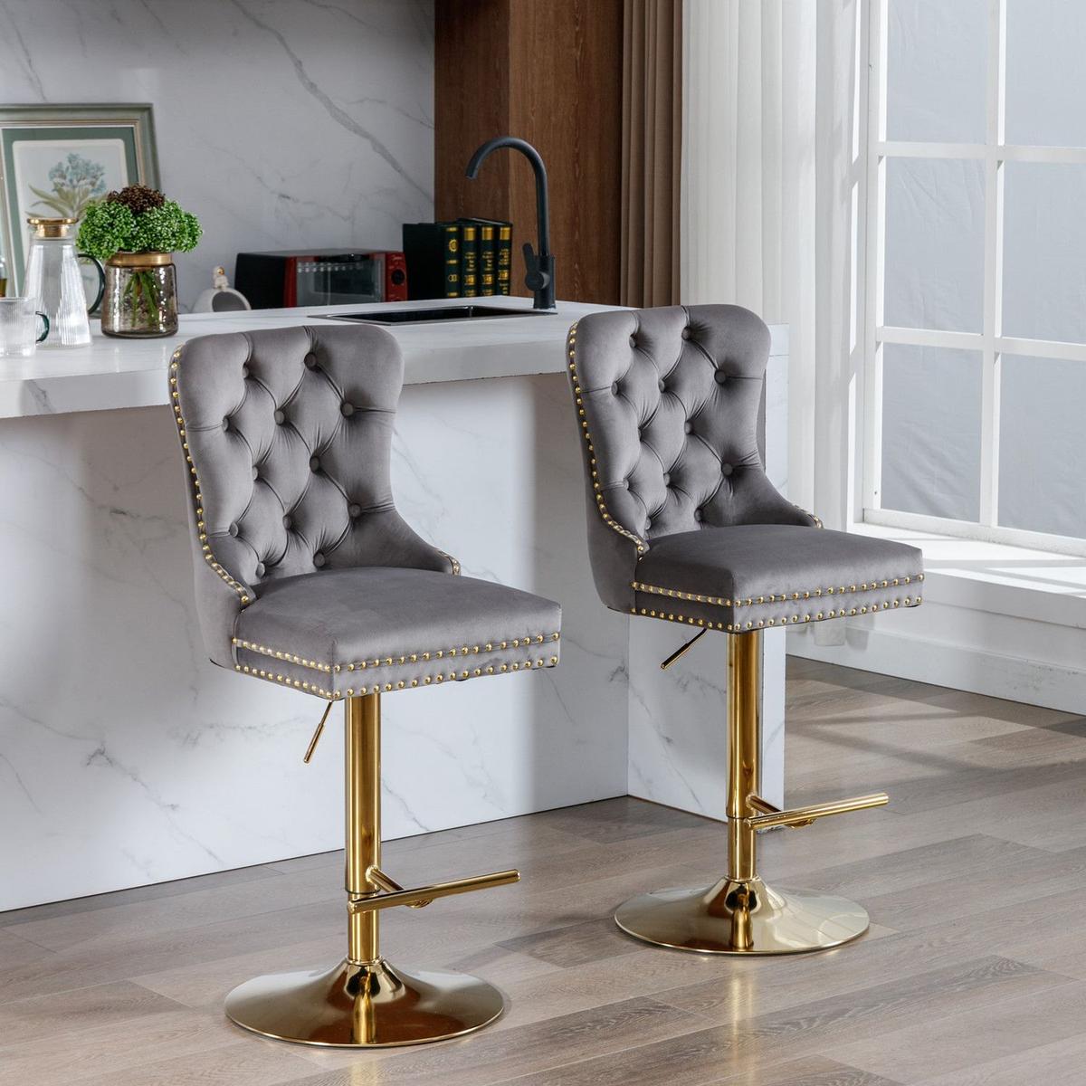 Thick Golden Swivel Velvet Barstools Adjusatble Seat Height from 25-33 Inch, Modern Upholstered Bar Stools with Backs Comfortable Tufted for Home Pub and Kitchen Island (Gray, Set of 2)