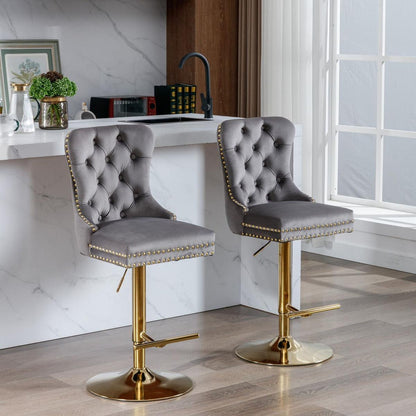 Thick Golden Swivel Velvet Barstools Adjusatble Seat Height from 25-33 Inch, Modern Upholstered Bar Stools with Backs Comfortable Tufted for Home Pub and Kitchen Island (Gray, Set of 2)