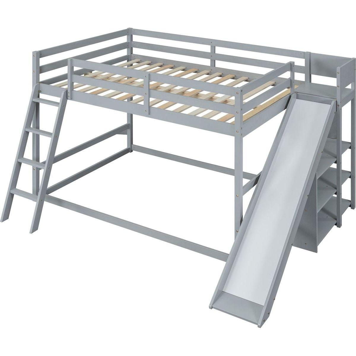 Full over Full Bunk Bed with Ladder, Slide and Shelves, Gray