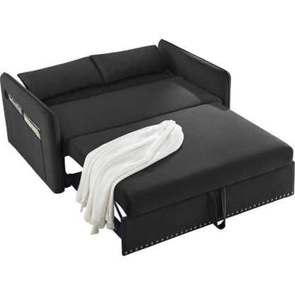 Pull-out sofa sleeper, 3-in-1 adjustable sleeper with pull-out bed, 2 lumbar pillows and side pocket, soft velvet convertible sleeper sofa bed, suitable for living room bedroom.