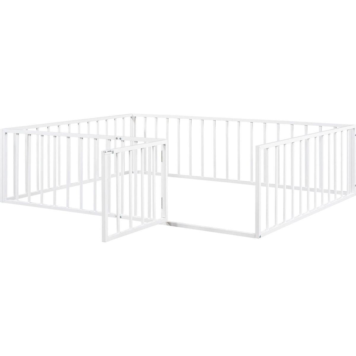 Queen Size Metal Floor Bed Frame with Fence and Door, White
