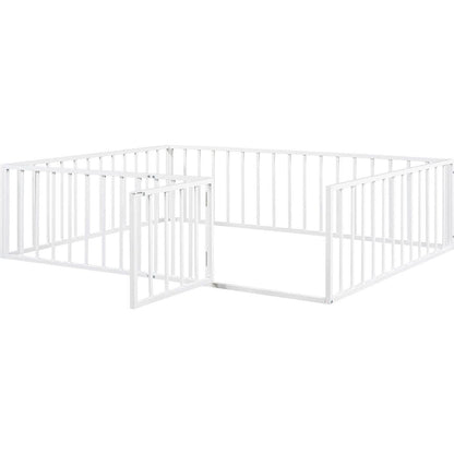 Queen Size Metal Floor Bed Frame with Fence and Door, White