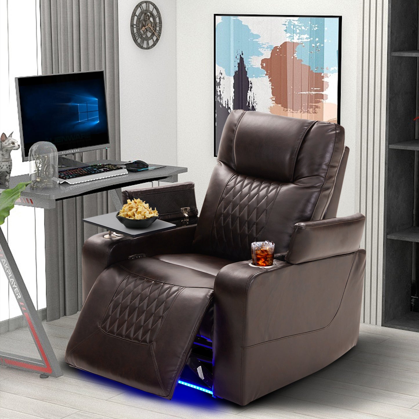 Power Motion Recliner with USB Charging Port and Hidden Arm Storage 2 Convenient Cup Holders Design and 360 degree Swivel Tray Table, Brown