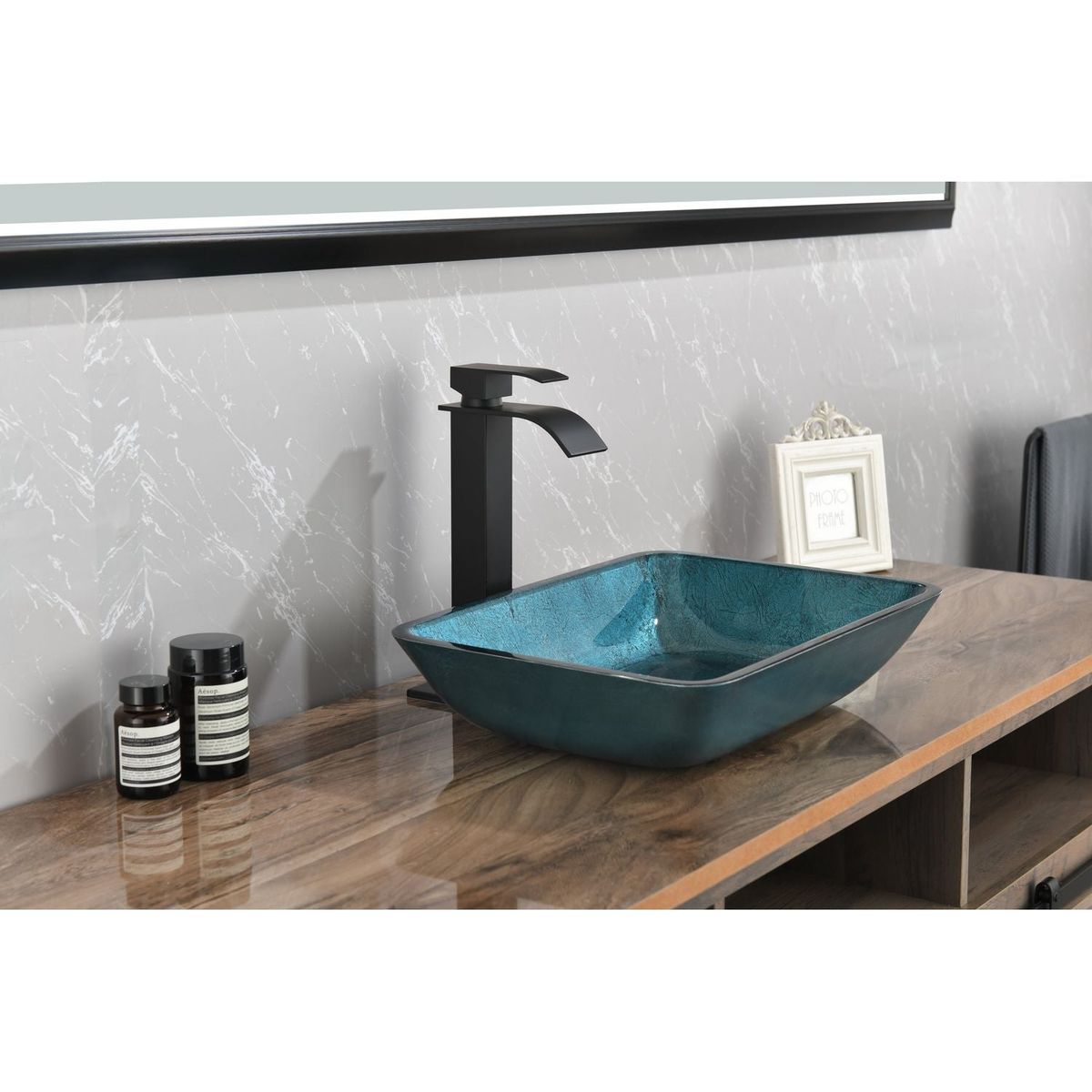 18.125" L -13.0" W -12.0" H Handmade Countertop Glass Rectangular Vessel Bathroom Sink Set in Blue Glass with Matte Black Single-Handle Single Hole Faucet and Pop Up Drain