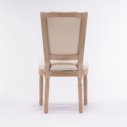 French Style Solid Wood Frame Antique Painting Linen Fabric Square Rattan Back Dining Chair, Set of 2, Cream