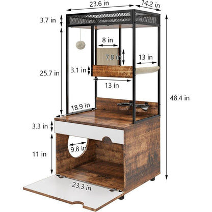Hidden Cat Litter Box Enclosures with Cat Tree Tower, Cat Furniture with Scratching Pads and Large Storage Space, Industrial Cat Cabinet with Shelves and Doors, Rustic Brown