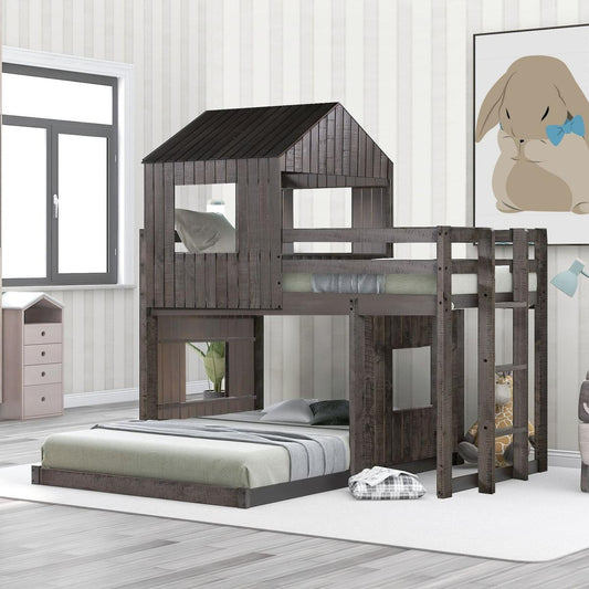 Wooden Twin Over Full Bunk Bed, Loft Bed with Playhouse, Farmhouse, Ladder and Guardrails, Antique Gray ()