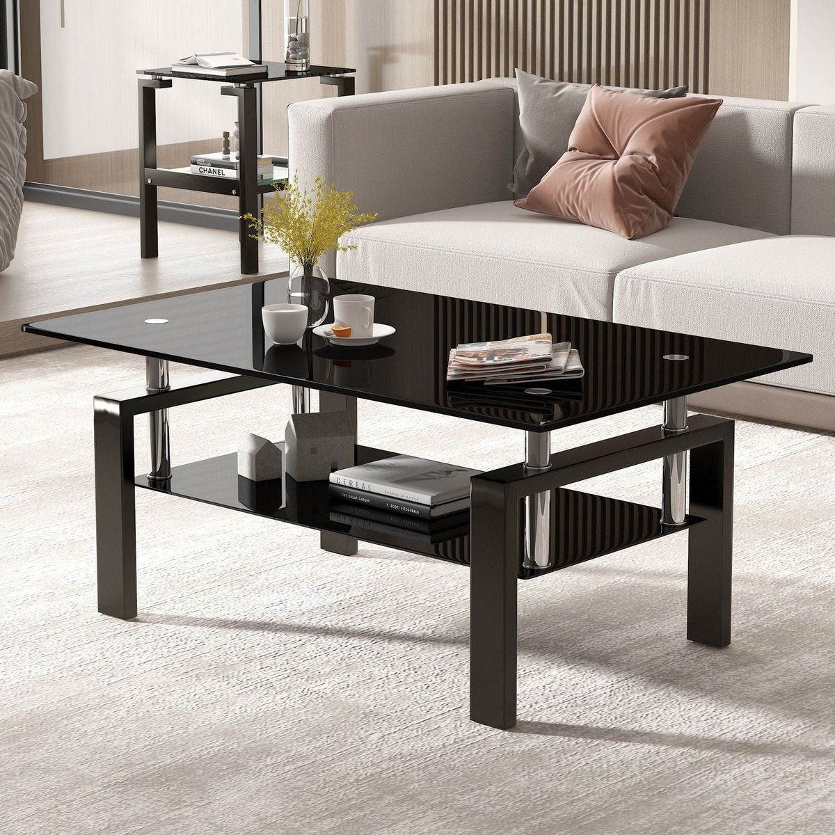 Tempered Black Glass Coffee Table, 2-Layers Tea Table