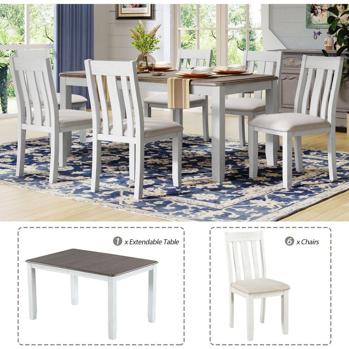 Retro Style 7-Piece Dining Table Set with Extendable Table and 6 Upholstered Chairs (Brown+White)