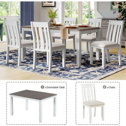 Retro Style 7-Piece Dining Table Set with Extendable Table and 6 Upholstered Chairs (Brown+White)