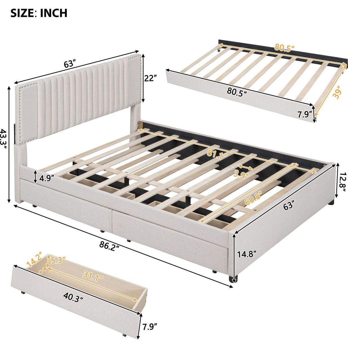 Queen Size Upholstered Platform Bed with 2 Drawers and 1 Twin XL Trundle, Classic Headboard Design, Beige