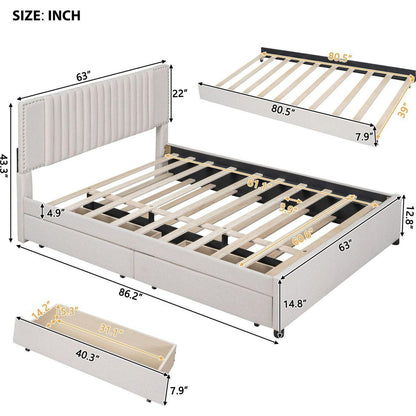 Queen Size Upholstered Platform Bed with 2 Drawers and 1 Twin XL Trundle, Classic Headboard Design, Beige