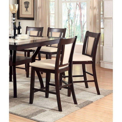 Contemporary Set of 2 Counter Height Chairs Dark Cherry And Ivory Solid wood Chair Padded Leatherette Upholstered Seat Kitchen Dining Room Furniture