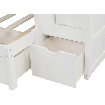 Twin over Full/Twin Bunk Bed, Convertible Bottom Bed, Storage Shelves and Drawers, White