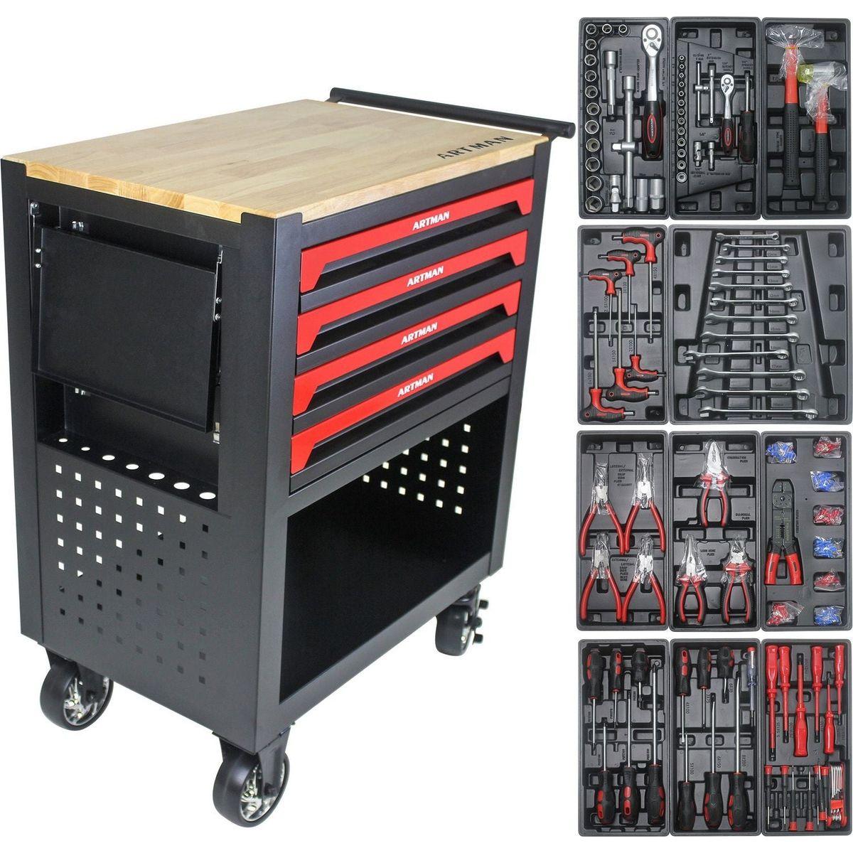 4 DRAWERS MULTIFUNCTIONAL TOOL CART WITH TOOL SET AND WOODEN TOP